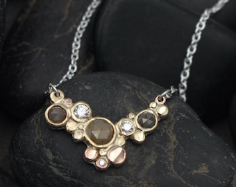 Diamond Cluster Necklace in 14K Yellow Gold & 14K Rose Gold with Sterling Silver Chain