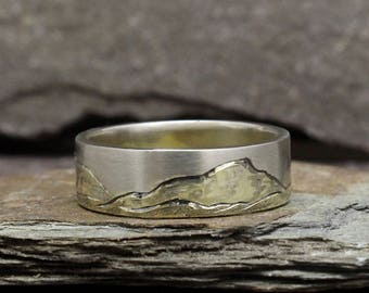Engraved Mountain Range Band in 14K Green Gold and 14K White Gold - Made To Order, Customizable,
