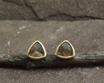 Golden Sheen Sapphire and 14 Karat Gold Trillion Post Earrings - Natural Yellow Sapphire
