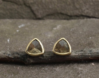 Aros con zafiro dorado brillante y oro de 14 quilates, hermoso zafiro amarillo natural, forma moderna, piedra natal de septiembre