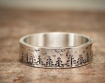 Nature Inspired Sterling Silver Band with Hand-Engraved Trees and Birds