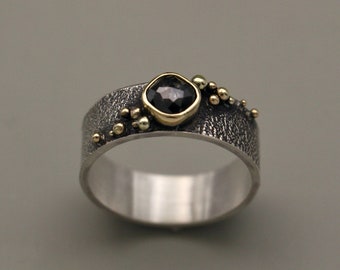 Dark Diamond Sterling Silver Ring with 14K Gold Bezel & Pebbles - Reticulated Silver, Salt and Pepper Diamond, Natural Diamond, Rustic Ring