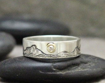 Hand Engraved Custom Mountain Range & Natural Diamond Band, Sterling Silver, 14K Gold Bezel, Mountain Ring, Mixed Metal Band, Wedding Band