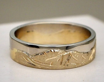Vermont Green Mountain Band with 14K Yellow Gold Mountains and 14K White Gold Sky : Wedding Band, Engagement Ring, Engraved Mountain Band