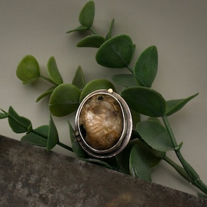 Orthoclase Feldspar Ring with Oak Leaf Cutout and 14K Gold Accents