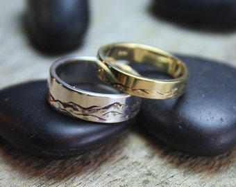 Custom Mountain Range Engraved Ring - Sterling Silver, Unique Wedding Band, Mountain Range Jewelry, Hand Engraved, Green Mountains