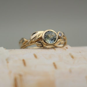 Natural Montana Blue Sapphire and Diamond Leaf Vine Ring in 14K Yellow Gold | Wedding Ring, Engagement Ring, Alternative Engagement Ring