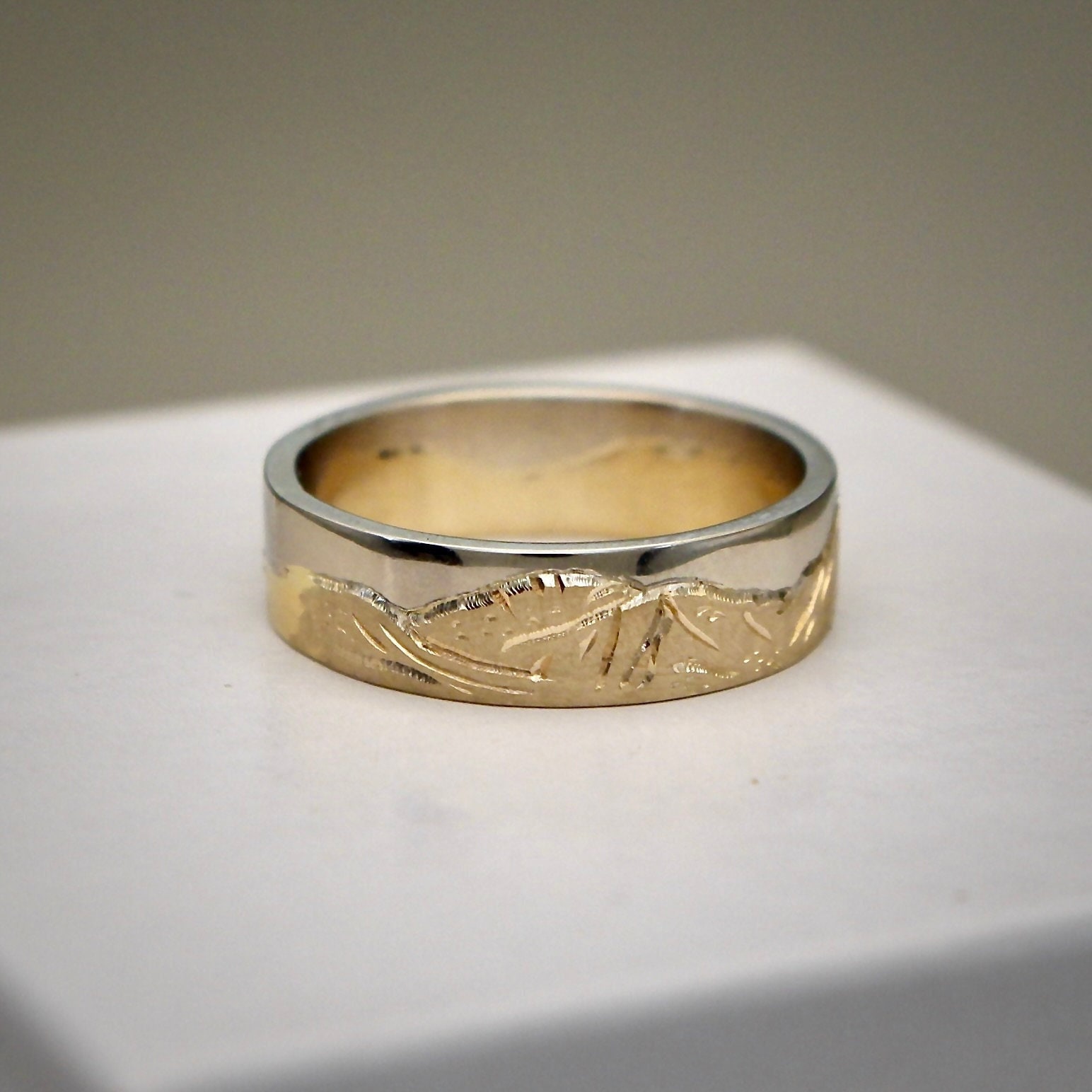 Custom Hand Engraved Mountain Range Band With 14K Yellow Gold