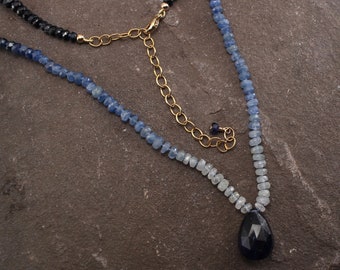 Blue Gradient Sapphire Knotted Necklace with Adjustable Extender Chain in Gold Fill