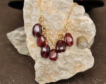 Pomegranate Red Garnet Organic Necklace with Gold Filled Cable Chain | Dark Red Garnet Drop Necklace