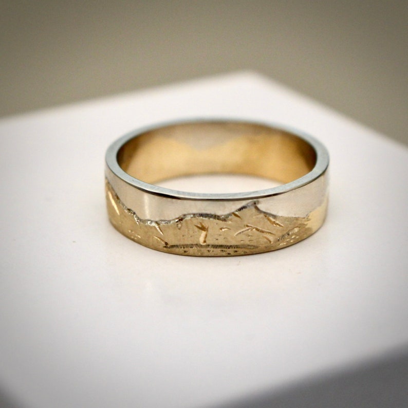 Custom Hand Engraved Mountain Range Band With 14K Yellow Gold Mountains ...