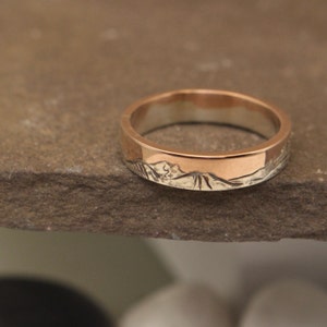 Engraved Mountain Ring in 14K Rose Gold and Sterling Silver - Vermont Green Mountains, 4mm Band, Wedding Band, Engagement Ring