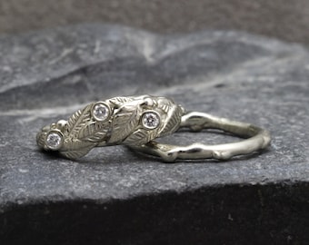 Anillo de hoja con detalles de diamantes naturales y oro blanco de 14 quilates. Anillo con temática de bosque. Hecho a pedido.
