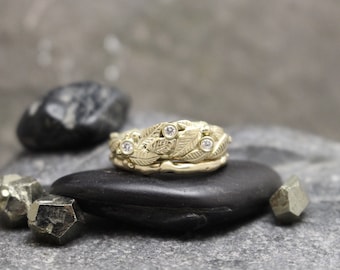 Anillo de oro amarillo de 14 quilates con hojas y diamantes naturales, natural, anillo de compromiso, anillo apilable