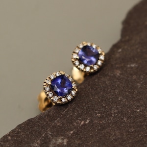 Purple Sapphire and Natural Diamond Halo Stud Earrings in 14K Yellow Gold, September Birthstone