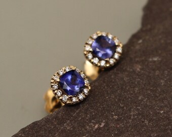 Purple Sapphire with Diamond Halo Stud Earrings in 14K Yellow Gold