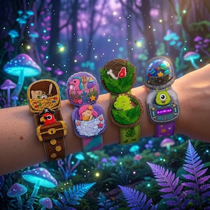 May include: Four colourful wristbands featuring distinct designs: a pirate treasure chest with a parrot, a mermaid in an underwater scene, a green dinosaur in a nest, and a green alien in a space helmet with a digital display panel.