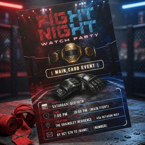 Puede incluir: Un folleto de fiesta de pelea con un cinturón de campeonato dorado y guantes de MMA negros. El texto dice: Fight Night Watch Party, Main Card Event, sábado 12 de octubre, 7:00 PM a 10:00 PM, The Grainsley Residence, 456 Octagon Way, RSVP antes del 5 de oct.