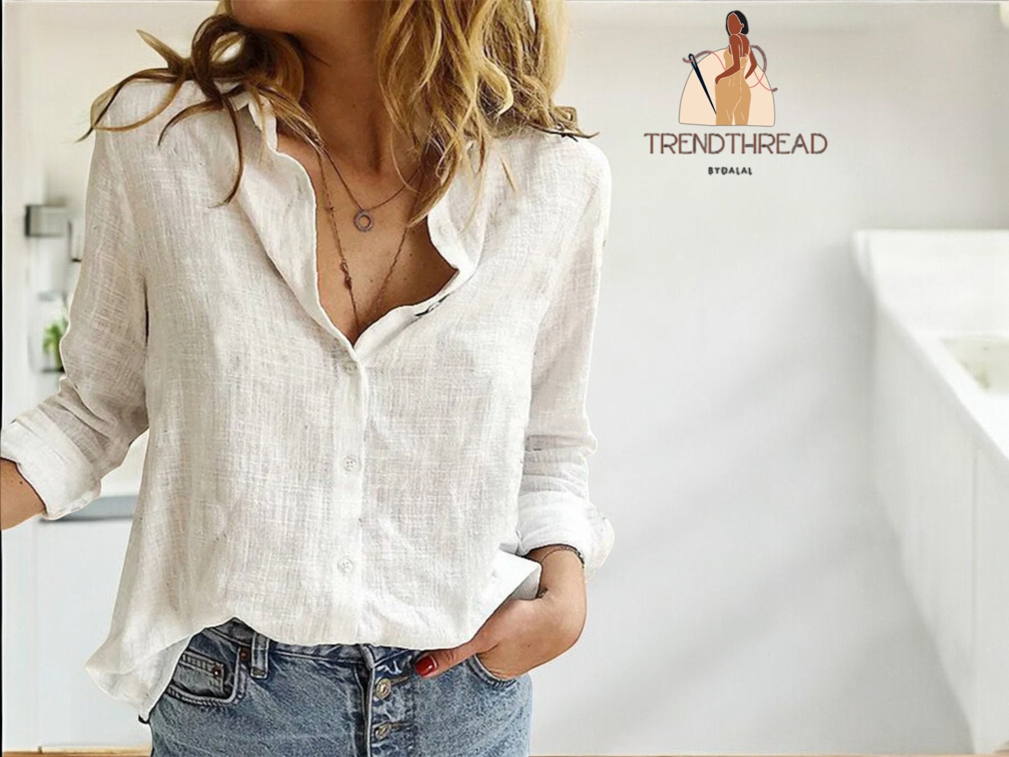 NONSAR - Camicetta da Donna Casual, Camicia con Scollo a V, 100% Cotone, vestibilità Ampia