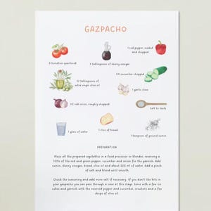 Gazpacho Recipe, print, digital download, wall decoration, kitchen, Traditional spanish chilled soup.