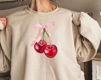 Cherry Bow Sweatshirt,Pink Coquette  Hoodie, Trendy Cherry Outfit, Cozy Soft Pullover