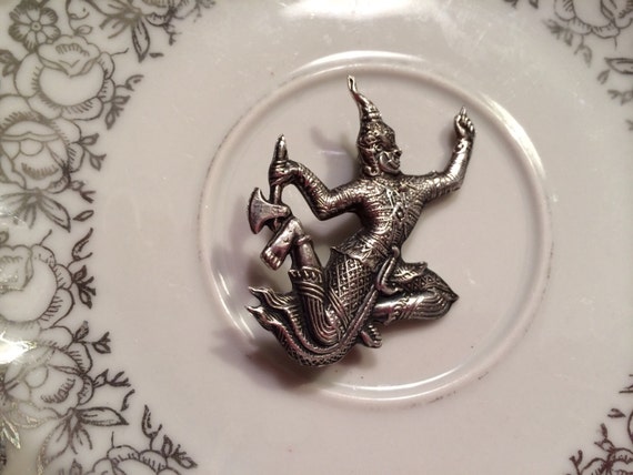 Vintage Siam silver Asian dancer brooch pin lapel… - image 1
