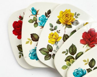 Set of 6 vintage 70s/80s metal coasters- roses - free shipping