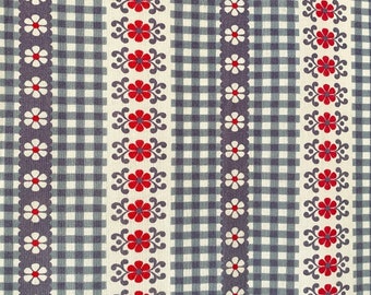 Vintage fabric lightweight - checkered floral red blue - free shipping