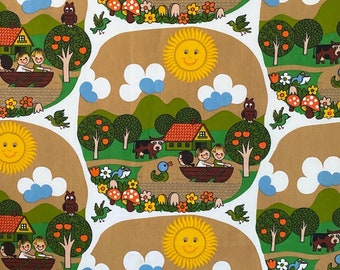 vintage fabric children 70s- farm boat graziela style - free shipping