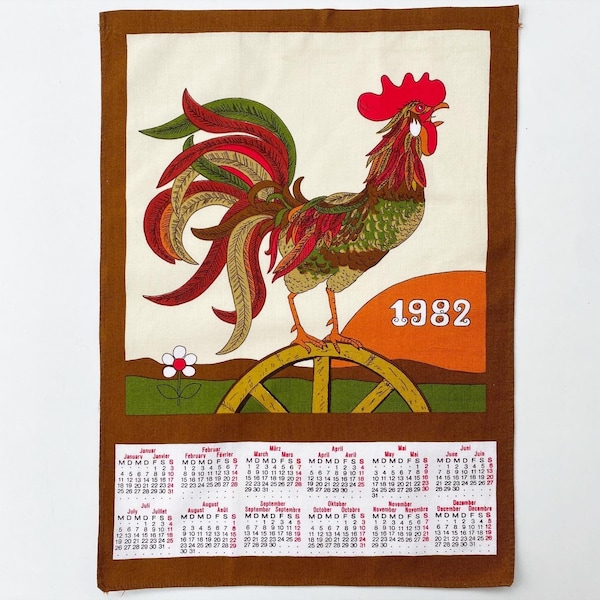 vintage kalender handdoek 1982 wall-art verjaardag - haan kip - gratis verzending