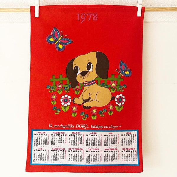 1978 vintage kalender handdoek muurkunst verjaardag - hond vlinderbloem - gratis verzending