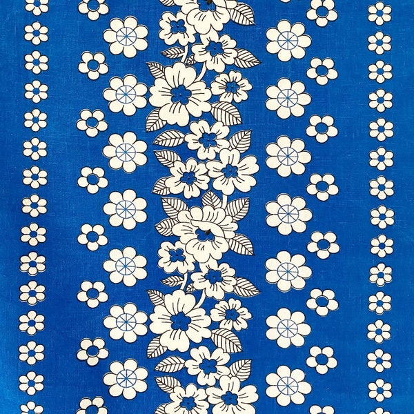 Vintage Europese katoenen stof 70s 80s - bloemen blauw wit - gratis verzending