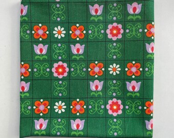 Tela vintage algodón de peso medio - flores rojas verdes anaranjadas - envío gratuito