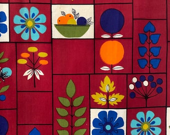 vintage stof Europees katoen - rood geel groen rood appel bloem - gratis verzending