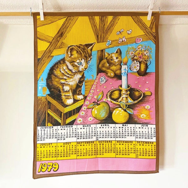 vintage kalender handdoek 1979 wall-art - katten kitten appels tafel - gratis verzending