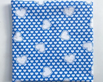 Vintage hearts cotton fabric - blue white lightweight - free shipping