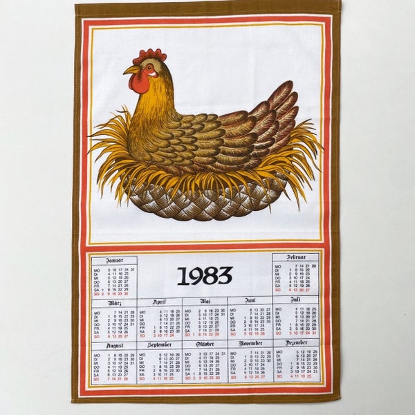 vintage kalender handdoek 1983 wall-art verjaardag - haan kip - gratis verzending