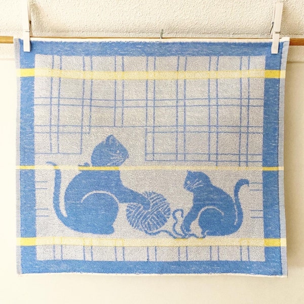 vintage badstof handdoek jaren 80 - keuken kat blauw - gratis verzending