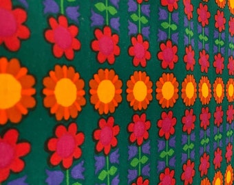 Vintage fabric European cotton floral - green yellow red purple daisy - free shipping