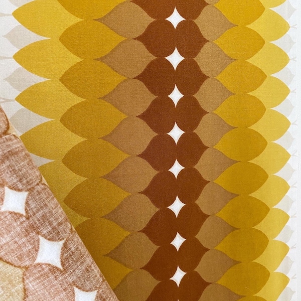 Vintage European geometric curtain fabric  - brown white yellow - free shipping