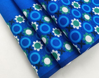 vintage kitchen towel 70s - blue green white flower - free shipping