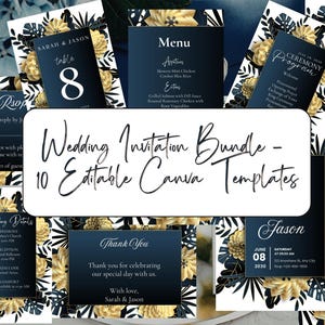 Lot de faire-part de mariage floral doré marine, élégante suite en toile (téléchargement numérique)