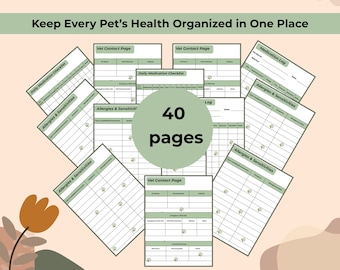May include: A pet health organizer with 40 pages, featuring sections for vet contacts, medication logs, and allergy information. The pages are arranged around a central circle with the number 40, and the text "Keep Every Pet's Health Organized in One Place" is at the top.