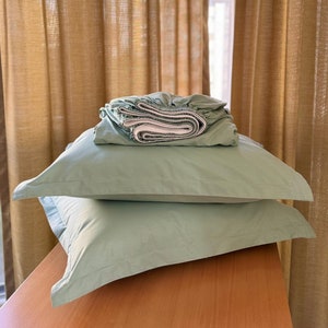 SAGE GREEN Cotton Fitted Sheet + Pillowcase, 100% Cotton Bed Sheet Set - Queen, King, Twin Size, Custom Size Available, Standard Size