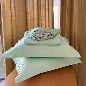 LIGHT MINT GREEN Cotton Fitted Sheet + Pillowcase, 100% Cotton Bed Sheet Set - Queen, King, Twin Size, Custom Size Available, Standard Size