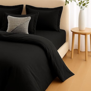 Black Duvet Cover Set – 100% Cotton Bedding with Hidden Zipper, Oxford Pillowcases – Minimalist Deep Black Cotton Bedding