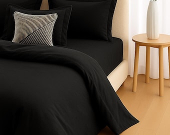 Black Cotton Duvet Cover Set: Minimalist Bedding with Oxford Pillowcases