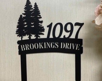 Personalized Pine Tree Address Sign, Custom Address Metal Sign, Address Yard Stake, House Number Metal Stake, Lawn Address Metal Sign