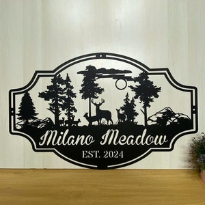 Letrero metálico personalizado de ciervo del bosque, letrero con apellido personalizado, letrero de cabaña de ciervos, letrero metálico de granja de ciervos salvajes, arte mural metálico de vida silvestre