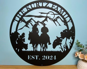 Personalized Cowboy Cowgirl Metal Wall Art, Cowboy Couple Metal Sign, Custom Family Name Sign, Western Cowboy Gift, Gift for Couple